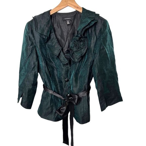 R&M Richards 14 green & black iridescent formal shirt with ruffled collar - Picture 6 of 8